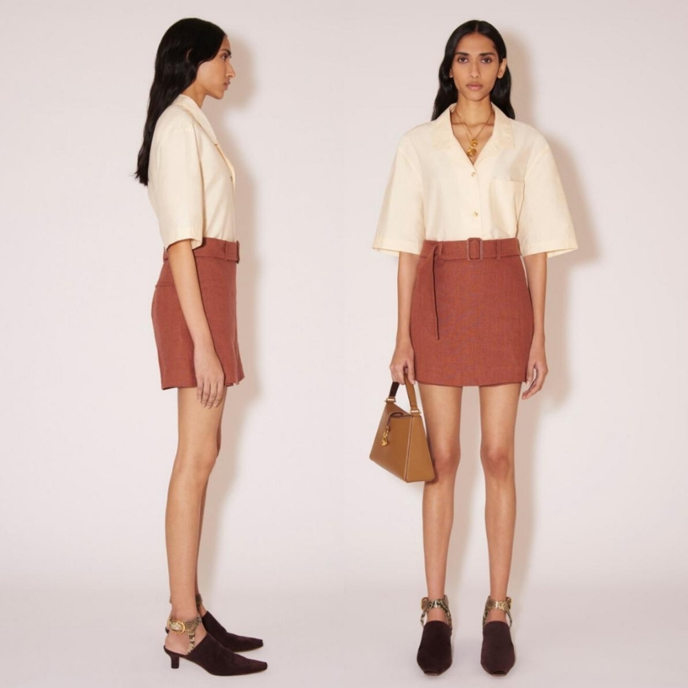 Nanushka 100% linen elowen belted brown mini skirt in terra